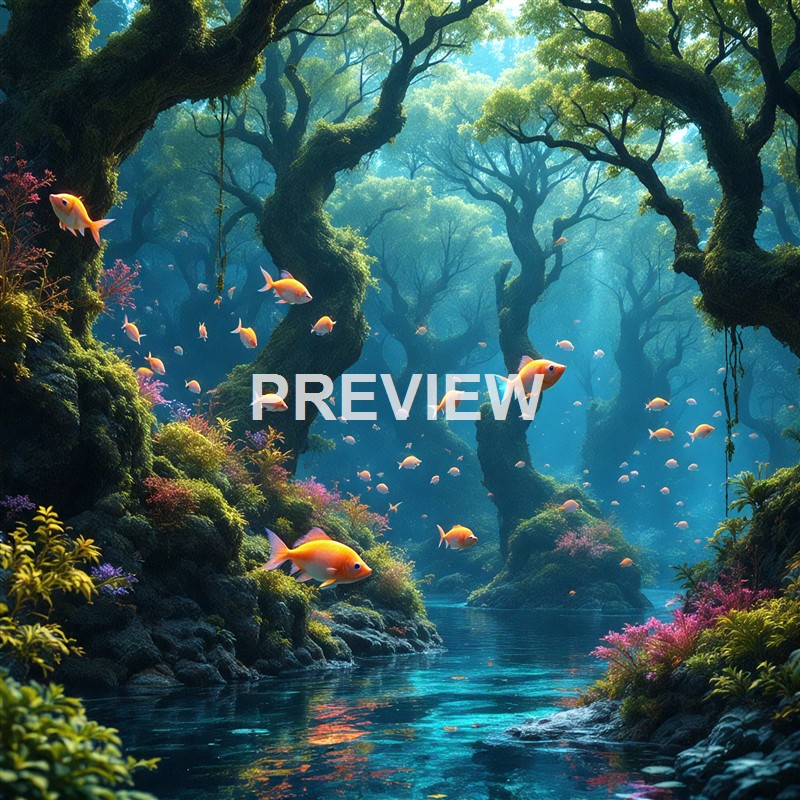 A vibrant underwater scene featuring a lush, moss-covered forest with tall, twisting trees and a school of orange fish swimming through a clear, blue water body surrounded by colorful coral and aquatic plants.